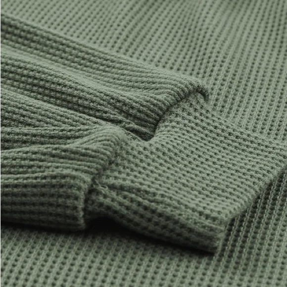 New - Shewin - Green Plain Waffle Knit Bishop Sleeve Square Neck Top - Picture 5 of 10